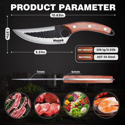 Huusk Viking Knife with Leather Sheath, Hand Forged Chef Butcher Knives | Razor-sharp Japanese Carbon Steel Meat Cutting Knife with Wood Handle for BBQ, Camping & Kitchen, Cooking Gifts for Men & Dad