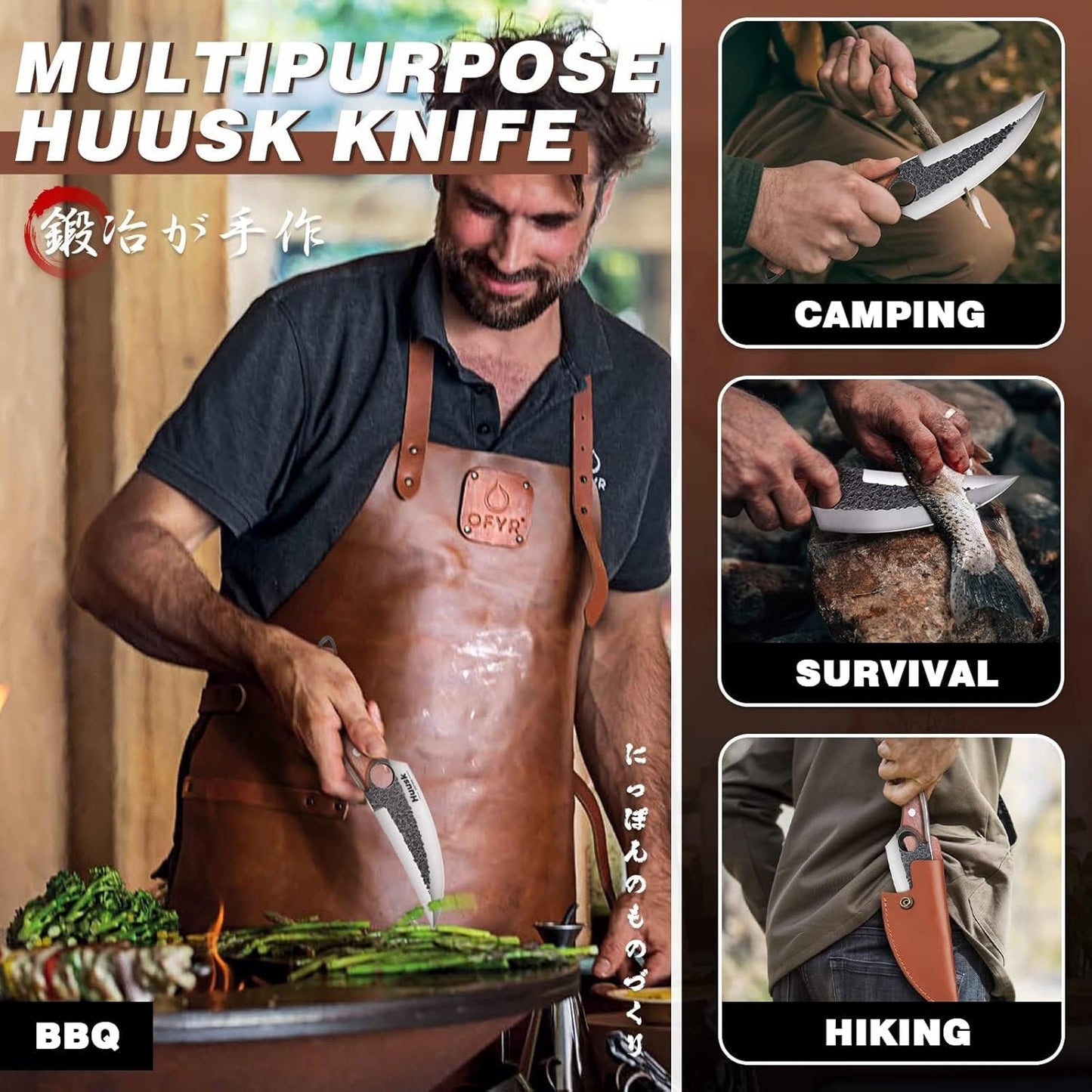 Huusk Viking Knife with Leather Sheath, Hand Forged Chef Butcher Knives | Razor-sharp Japanese Carbon Steel Meat Cutting Knife with Wood Handle for BBQ, Camping & Kitchen, Cooking Gifts for Men & Dad