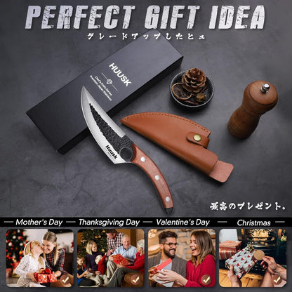 Huusk Viking Knife with Leather Sheath, Hand Forged Chef Butcher Knives | Razor-sharp Japanese Carbon Steel Meat Cutting Knife with Wood Handle for BBQ, Camping & Kitchen, Cooking Gifts for Men & Dad