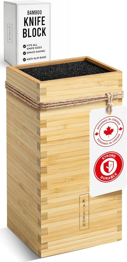 KAIZEN Bamboo Knife Block Without Knives - Perfectly Sized Universal Knife Holder for Knives, Scissors - Unique Knife Storage for Counter Top with Anti-Slip Base (Natural)