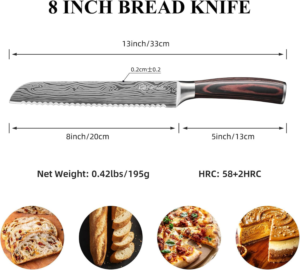 8" Serrated Bread Knife, High Carbon German Steel Sourdough Knife