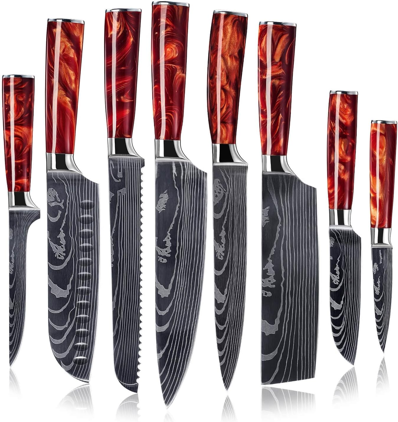 SENKEN 8-Piece Japanese Knife Set - Blue Resin Handle, Laser Damascus Blades - Chef's, Santoku, Bread & Paring Knives