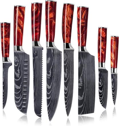 SENKEN 8-Piece Japanese Knife Set - Blue Resin Handle, Laser Damascus Blades - Chef's, Santoku, Bread & Paring Knives