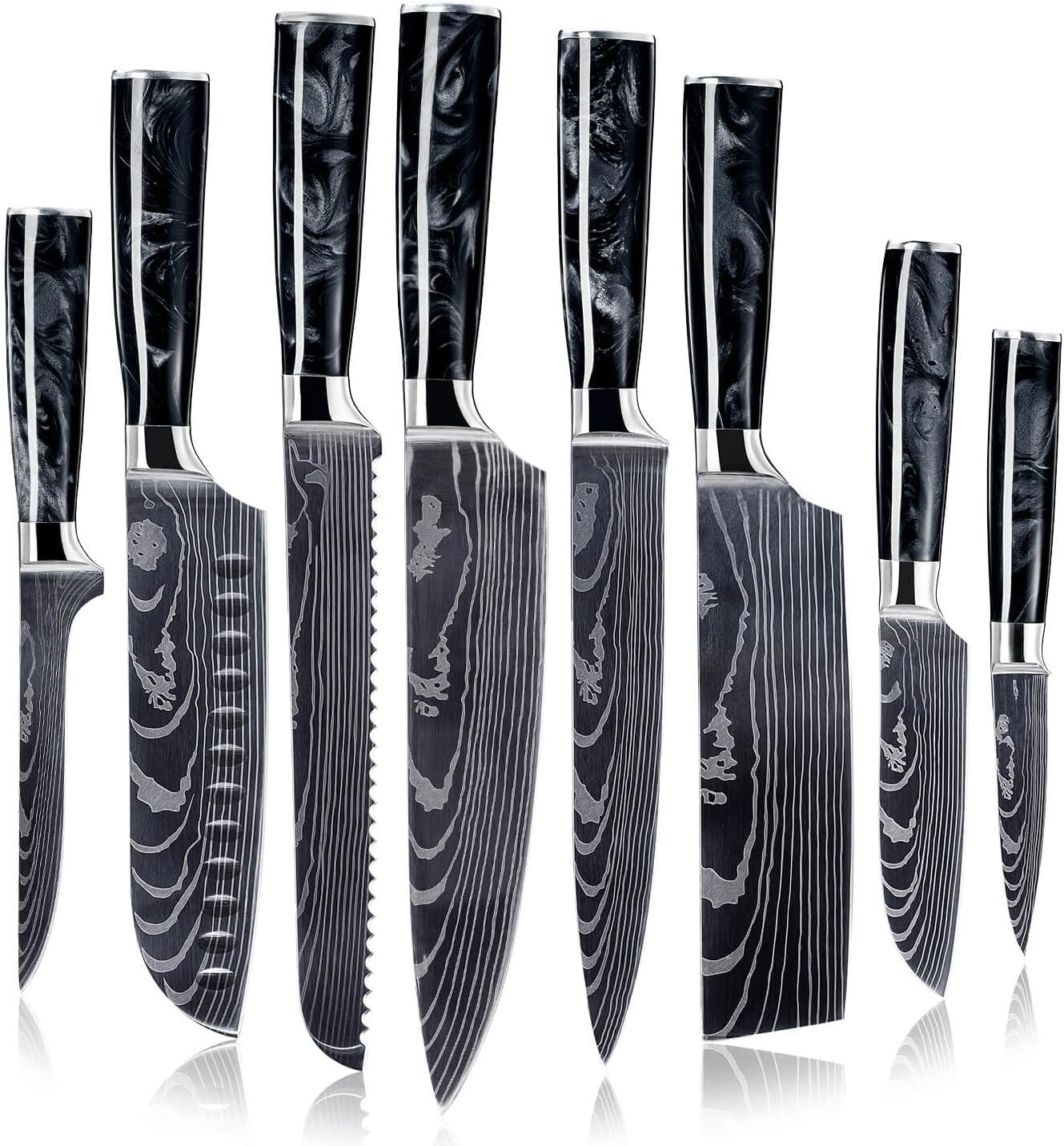 SENKEN 8-Piece Japanese Knife Set - Blue Resin Handle, Laser Damascus Blades - Chef's, Santoku, Bread & Paring Knives