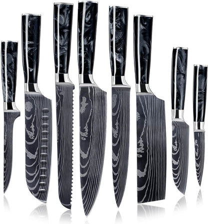 SENKEN 8-Piece Japanese Knife Set - Blue Resin Handle, Laser Damascus Blades - Chef's, Santoku, Bread & Paring Knives