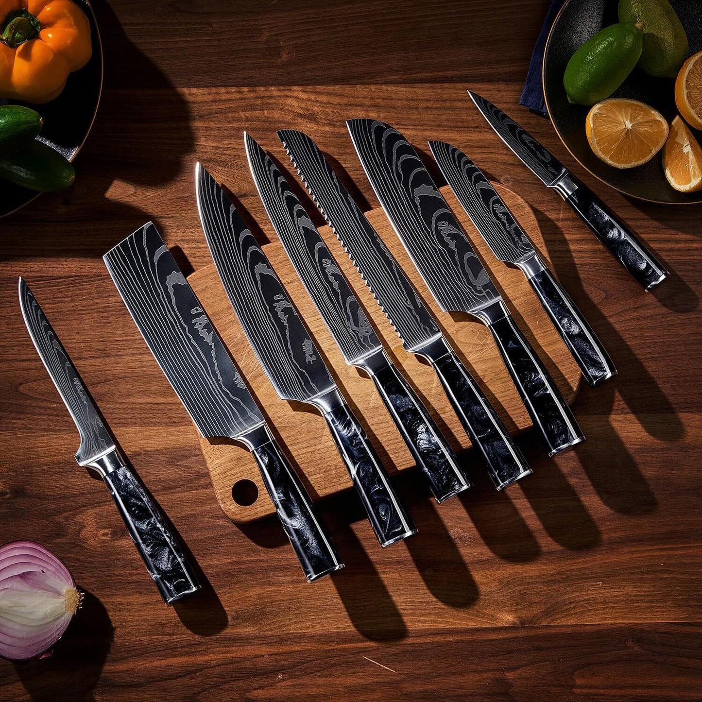 SENKEN 8-Piece Japanese Knife Set - Blue Resin Handle, Laser Damascus Blades - Chef's, Santoku, Bread & Paring Knives