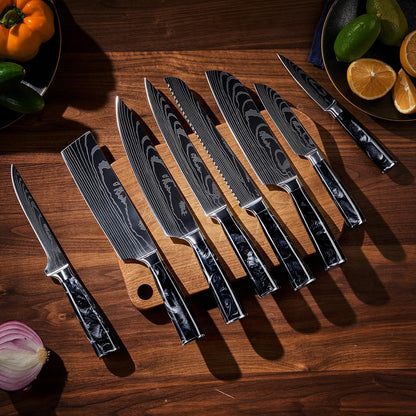 SENKEN 8-Piece Japanese Knife Set - Blue Resin Handle, Laser Damascus Blades - Chef's, Santoku, Bread & Paring Knives