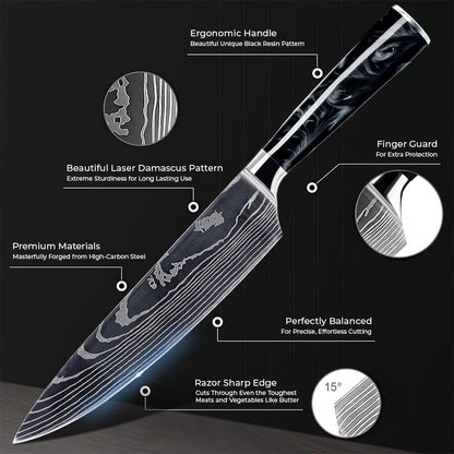 SENKEN 8-Piece Japanese Knife Set - Blue Resin Handle, Laser Damascus Blades - Chef's, Santoku, Bread & Paring Knives