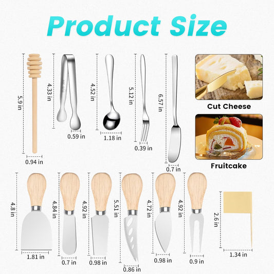 Charcuterie Board Accessories Wooden Cheese Spreader Knive Set, Wood Handle Butter knives For Cheese Kit, Mini Cheese Knife Slicer With Tongs, Spoons, Forks,Honey Dipper (23 Pack)