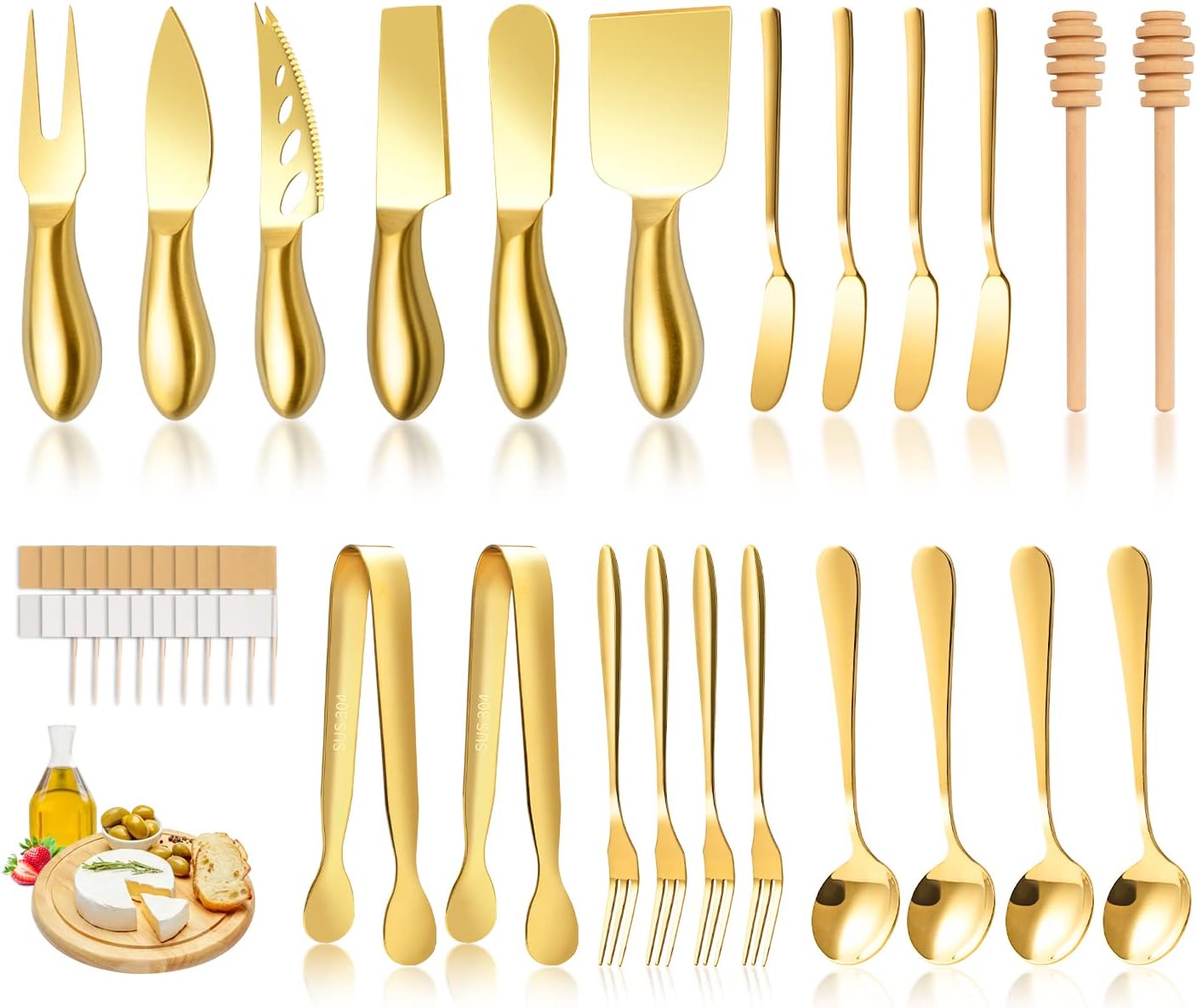 Charcuterie Board Accessories Wooden Cheese Spreader Knive Set, Wood Handle Butter knives For Cheese Kit, Mini Cheese Knife Slicer With Tongs, Spoons, Forks,Honey Dipper (23 Pack)