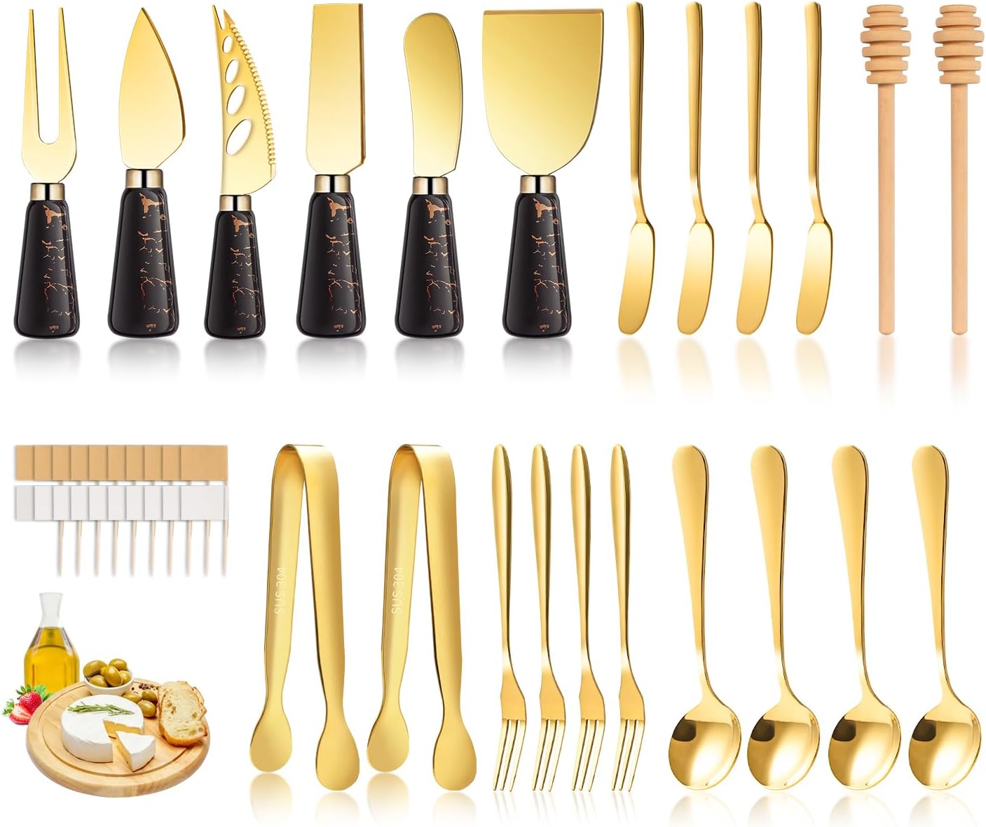 Charcuterie Board Accessories Wooden Cheese Spreader Knive Set, Wood Handle Butter knives For Cheese Kit, Mini Cheese Knife Slicer With Tongs, Spoons, Forks,Honey Dipper (23 Pack)