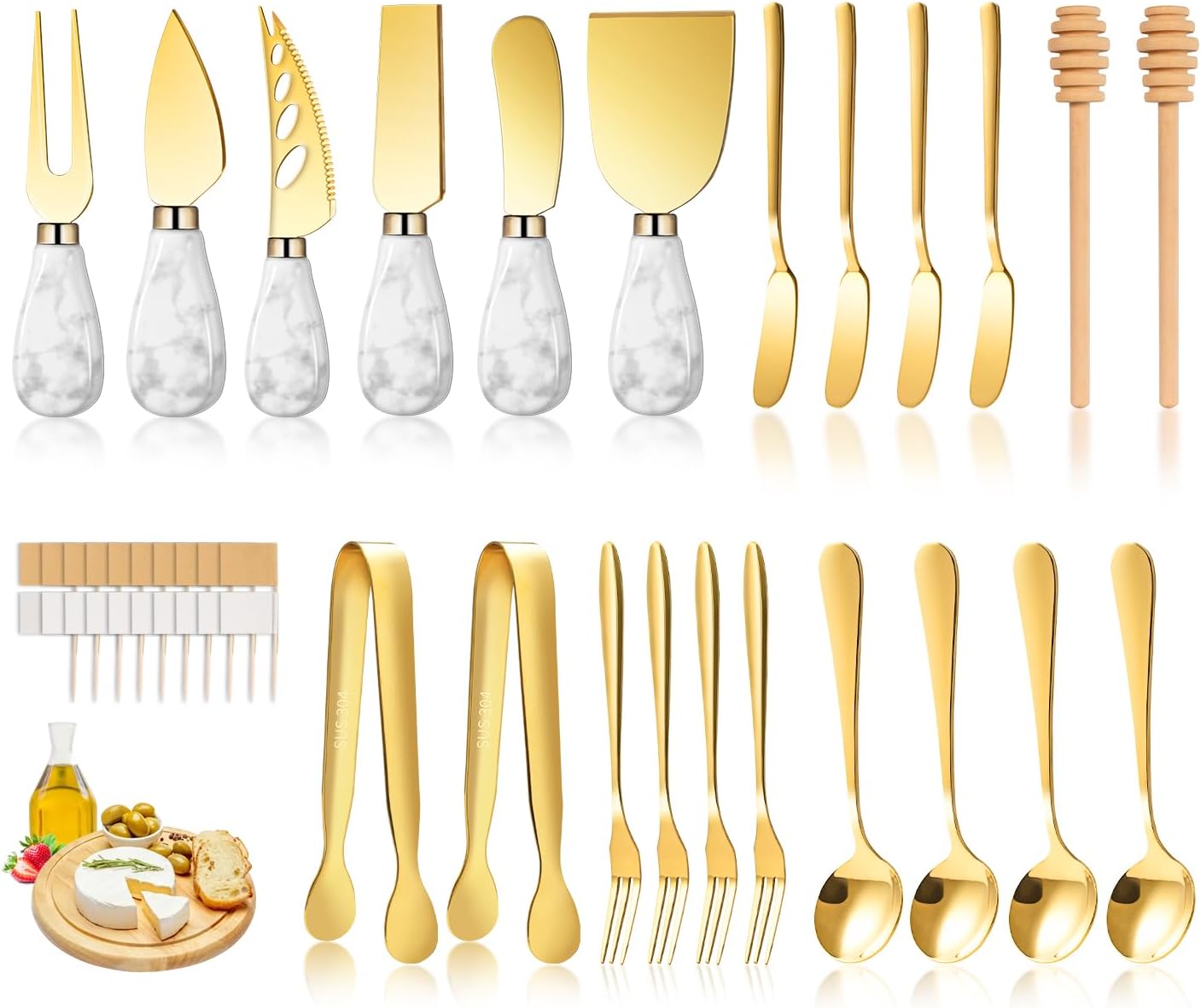 Charcuterie Board Accessories Wooden Cheese Spreader Knive Set, Wood Handle Butter knives For Cheese Kit, Mini Cheese Knife Slicer With Tongs, Spoons, Forks,Honey Dipper (23 Pack)