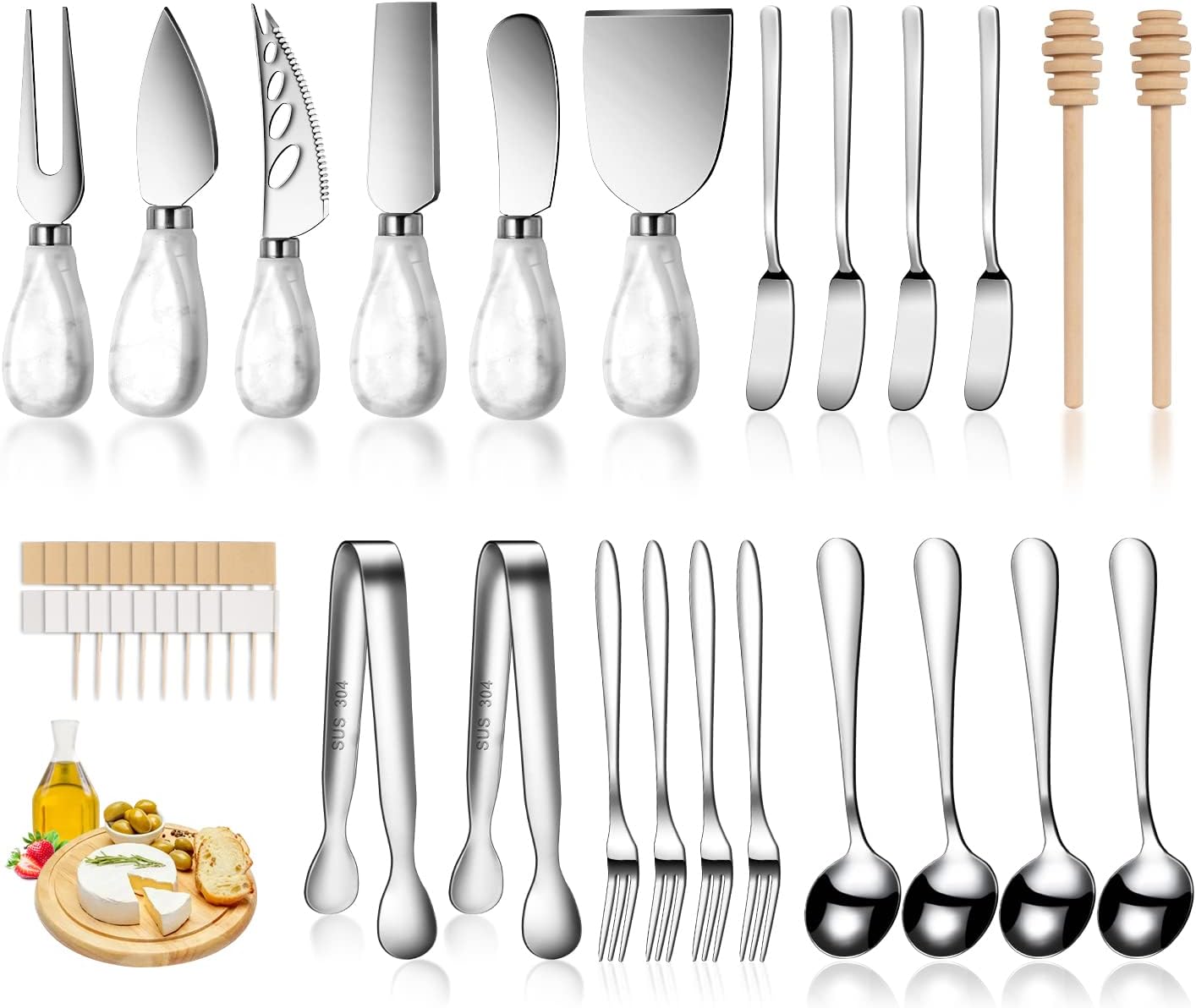 Charcuterie Board Accessories Wooden Cheese Spreader Knive Set, Wood Handle Butter knives For Cheese Kit, Mini Cheese Knife Slicer With Tongs, Spoons, Forks,Honey Dipper (23 Pack)