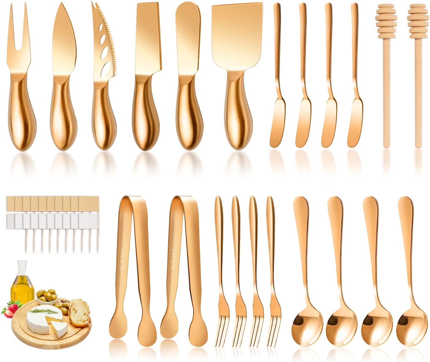 Charcuterie Board Accessories Wooden Cheese Spreader Knive Set, Wood Handle Butter knives For Cheese Kit, Mini Cheese Knife Slicer With Tongs, Spoons, Forks,Honey Dipper (23 Pack)
