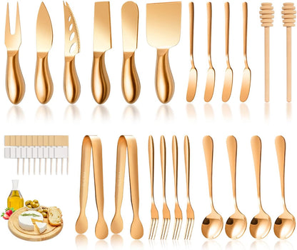 Charcuterie Board Accessories Wooden Cheese Spreader Knive Set, Wood Handle Butter knives For Cheese Kit, Mini Cheese Knife Slicer With Tongs, Spoons, Forks,Honey Dipper (23 Pack)