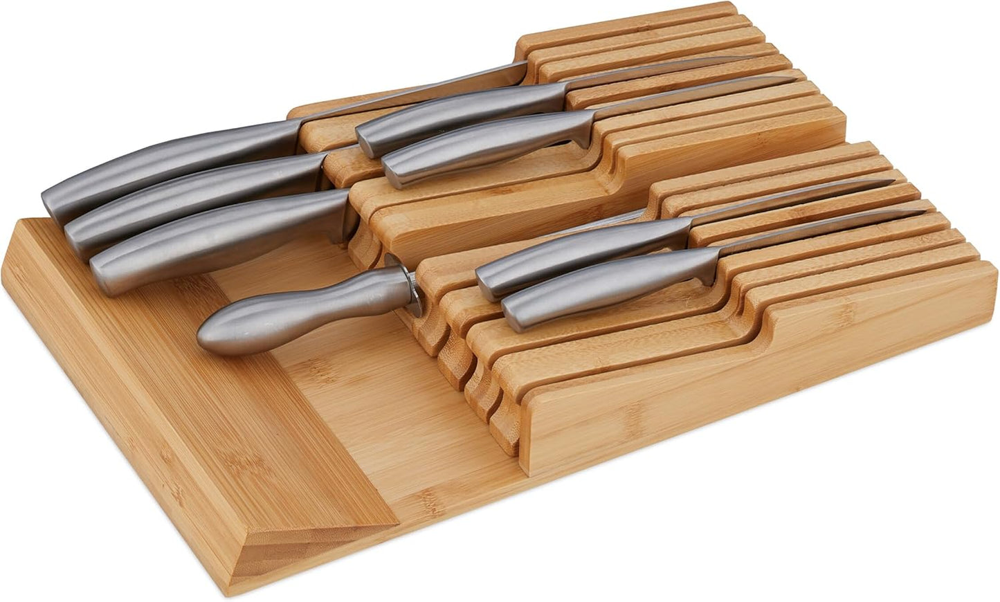 Knife Holder Drawer for 9 Knives and Sharpening Steel, Bamboo Knife Block Lying Down H x W x D: 5.5 x 13 x 40 cm, Natural