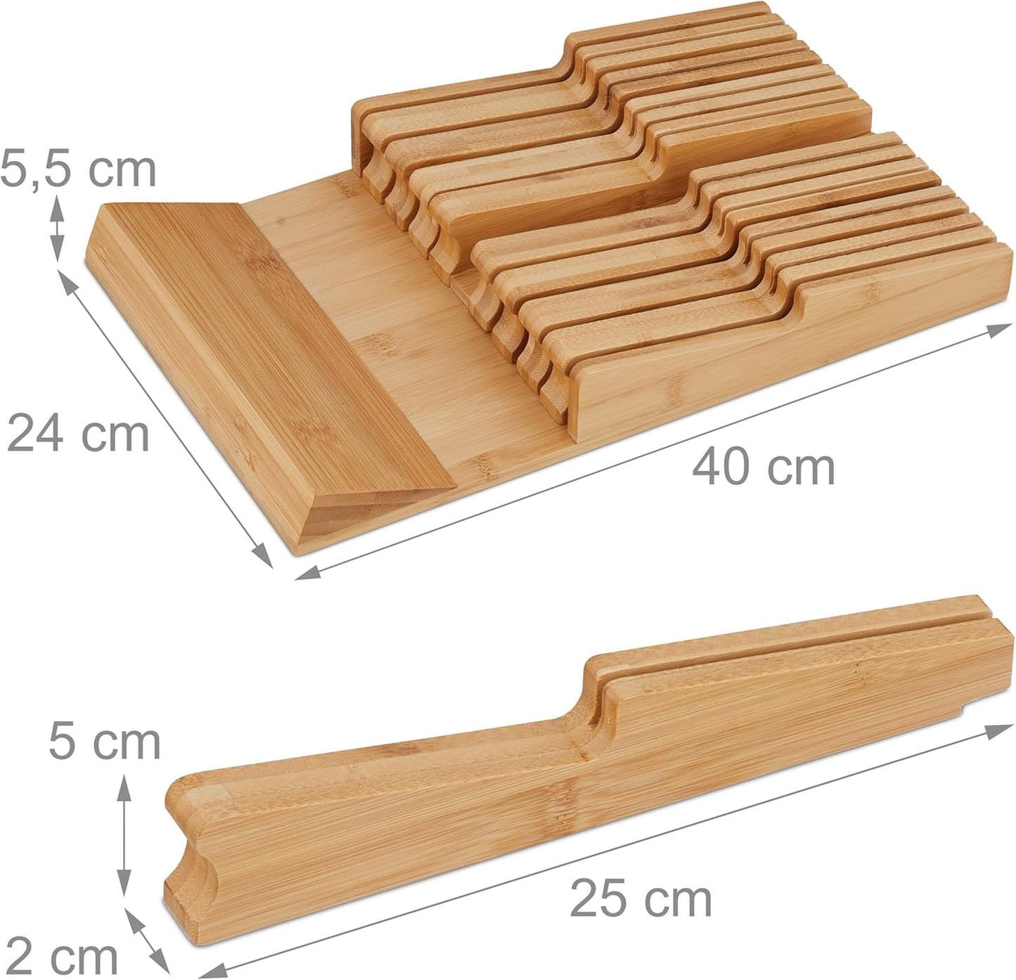 Knife Holder Drawer for 9 Knives and Sharpening Steel, Bamboo Knife Block Lying Down H x W x D: 5.5 x 13 x 40 cm, Natural