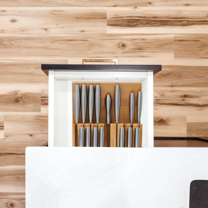 Knife Holder Drawer for 9 Knives and Sharpening Steel, Bamboo Knife Block Lying Down H x W x D: 5.5 x 13 x 40 cm, Natural
