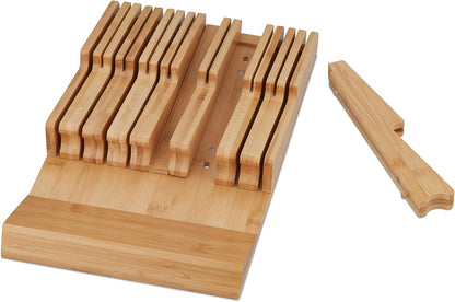 Knife Holder Drawer for 9 Knives and Sharpening Steel, Bamboo Knife Block Lying Down H x W x D: 5.5 x 13 x 40 cm, Natural