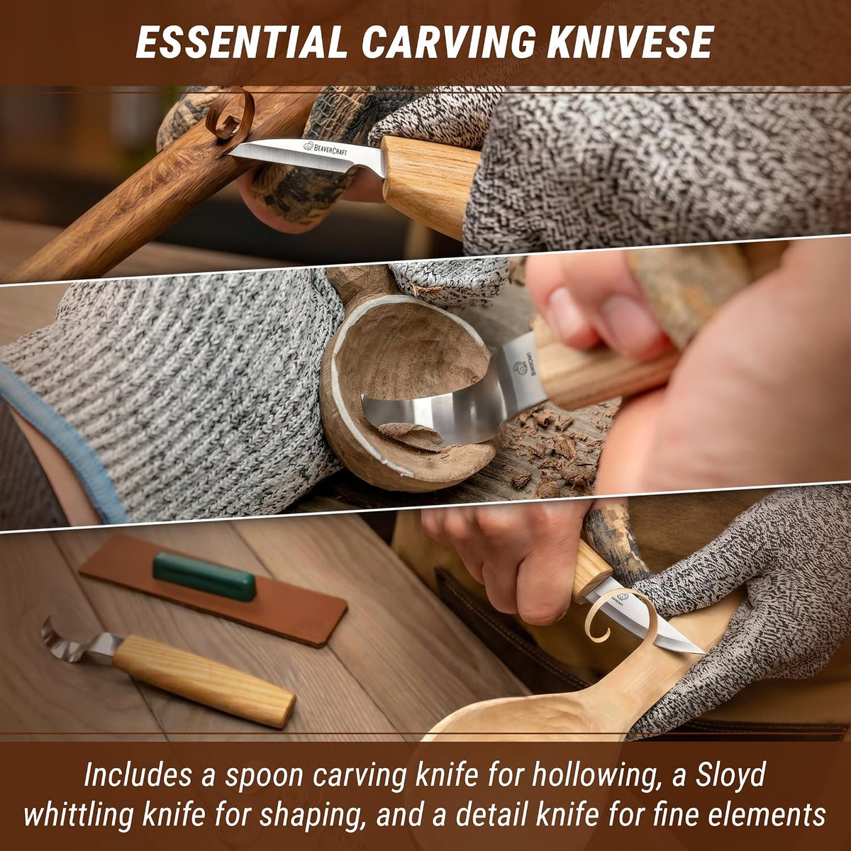 S13 Wood Carving Tools Set for Spoon Carving 3 Knives Wood Carving Kit for Beginners Hook Knife Wood Carving Right-Handed Spoon Carving Whittling Knives (S13 Right-Handed)