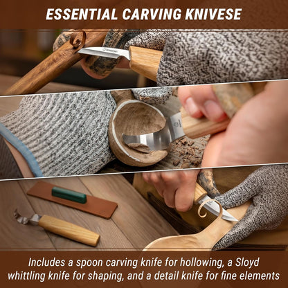 S13 Wood Carving Tools Set for Spoon Carving 3 Knives Wood Carving Kit for Beginners Hook Knife Wood Carving Right-Handed Spoon Carving Whittling Knives (S13 Right-Handed)