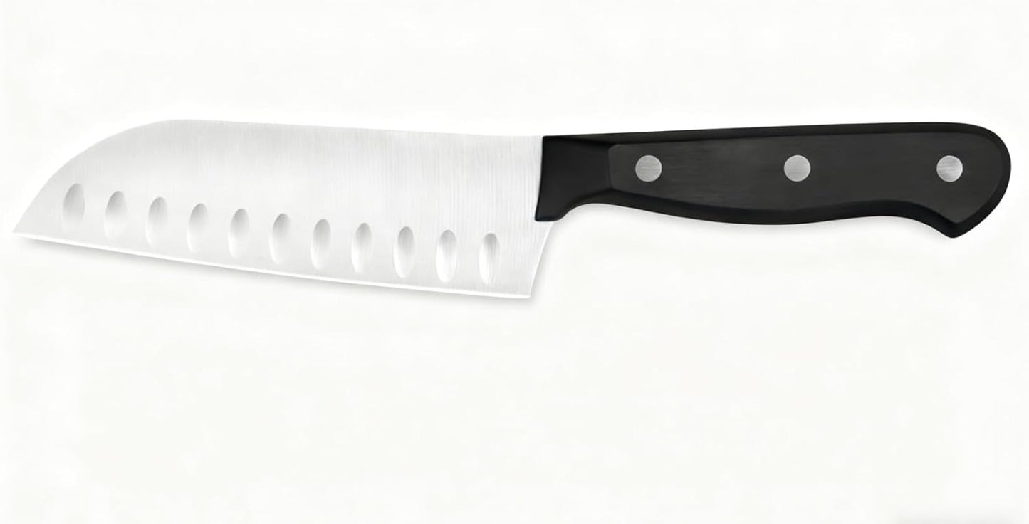 Santoku Knife 5 Inch, Ultra Sharp Chef Knife with High Carbon Stainless Steel - Ergonomic Handle Kitchen Knife for Meat, Vegetables & Fruit, Professional Gourmet Chopping Knife (Black)