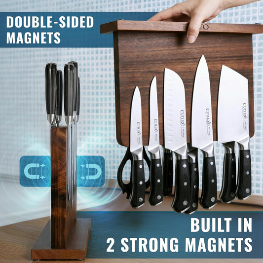 Magnetic Knife Block, Double-Sided Acacia Wood Knife Holder | Strong Holding Strips, Universal Fit Storage Stand for Kitchen Cutlery