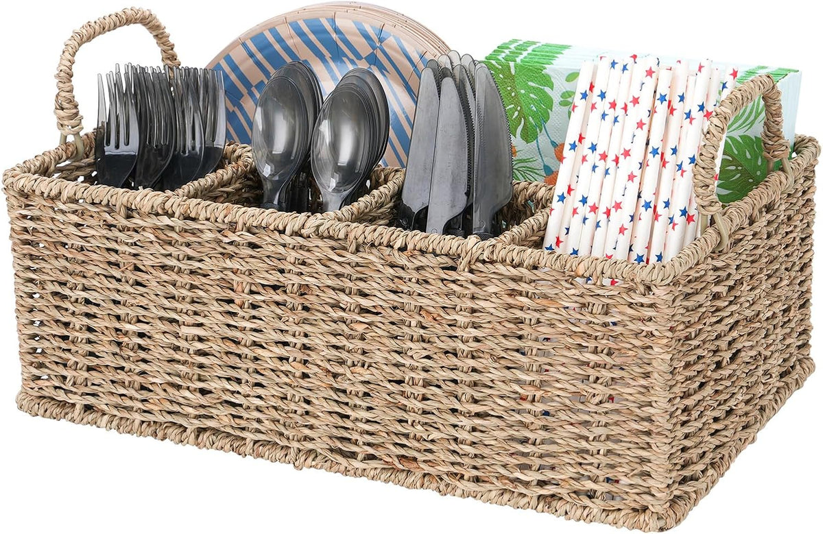 Wicker Party Silverware Caddy, Water Hyacinth Plastic Cutlery Utensil Holder, Hand Woven with Handles, Kitchen Countertop and Picnic flatware Organizer (5 compartments)