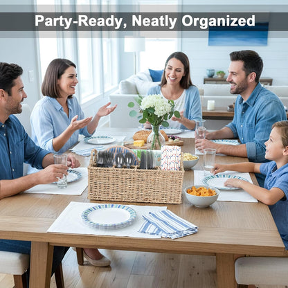 Wicker Party Silverware Caddy, Water Hyacinth Plastic Cutlery Utensil Holder, Hand Woven with Handles, Kitchen Countertop and Picnic flatware Organizer (5 compartments)