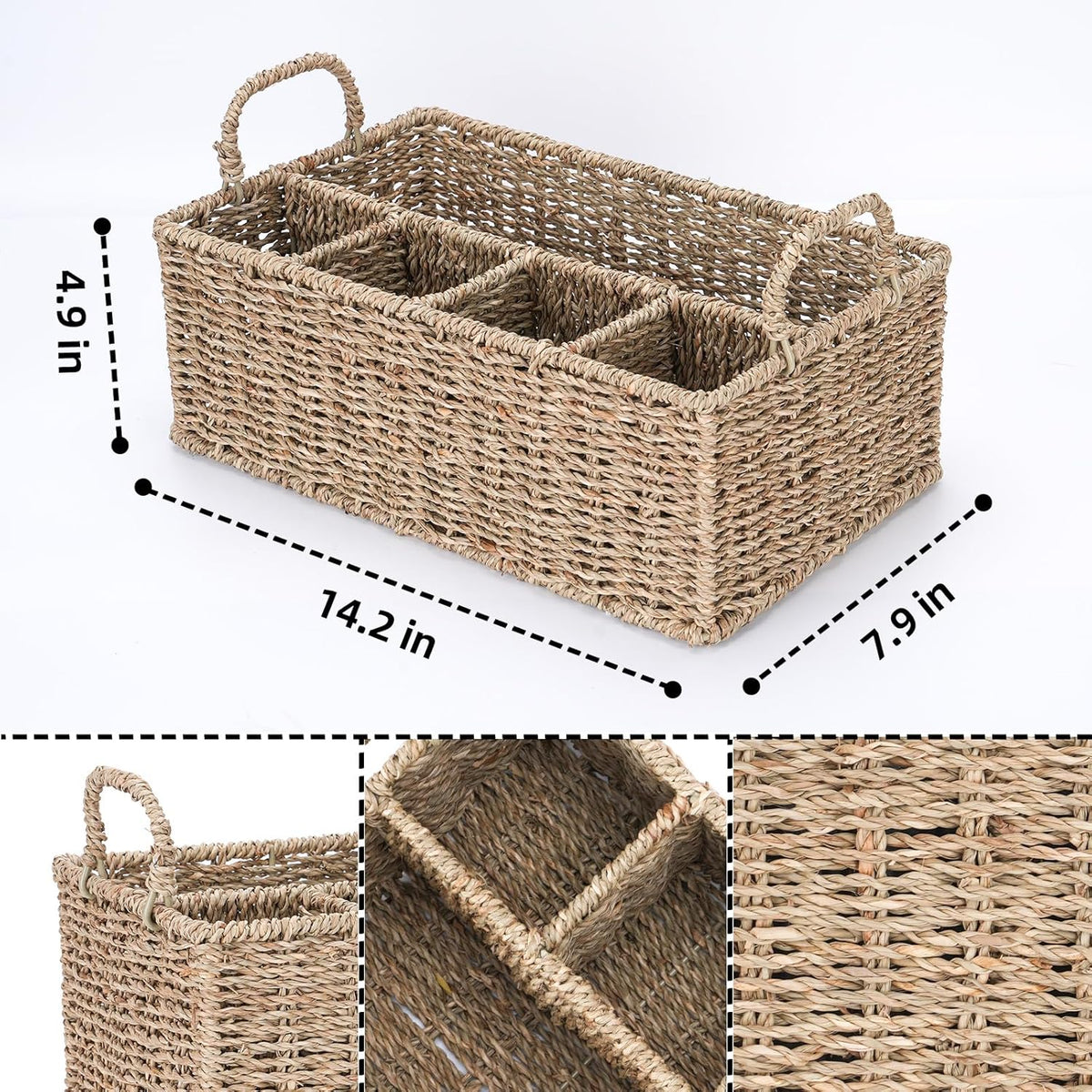 Wicker Party Silverware Caddy, Water Hyacinth Plastic Cutlery Utensil Holder, Hand Woven with Handles, Kitchen Countertop and Picnic flatware Organizer (5 compartments)