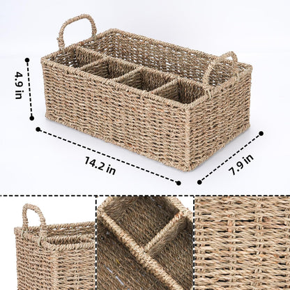 Wicker Party Silverware Caddy, Water Hyacinth Plastic Cutlery Utensil Holder, Hand Woven with Handles, Kitchen Countertop and Picnic flatware Organizer (5 compartments)