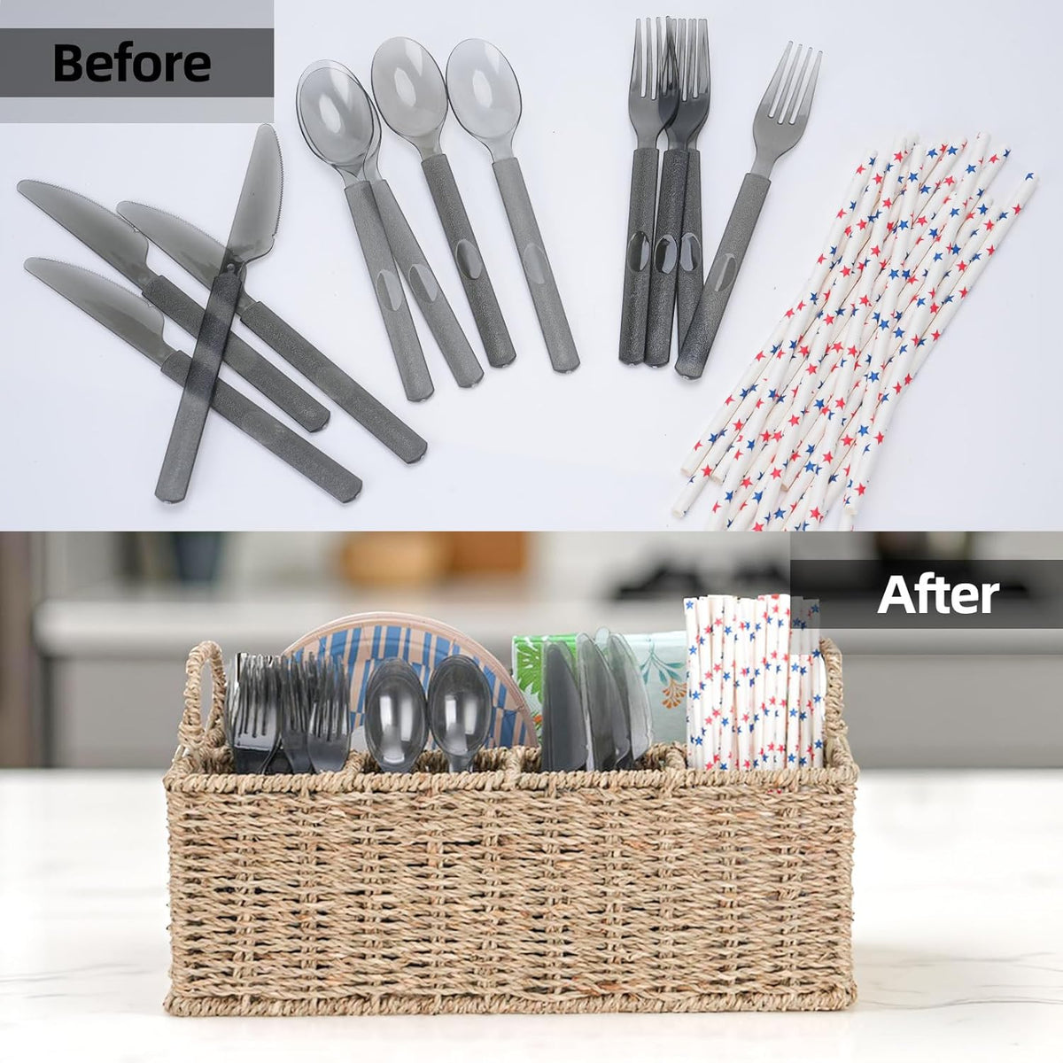 Wicker Party Silverware Caddy, Water Hyacinth Plastic Cutlery Utensil Holder, Hand Woven with Handles, Kitchen Countertop and Picnic flatware Organizer (5 compartments)