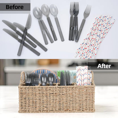 Wicker Party Silverware Caddy, Water Hyacinth Plastic Cutlery Utensil Holder, Hand Woven with Handles, Kitchen Countertop and Picnic flatware Organizer (5 compartments)