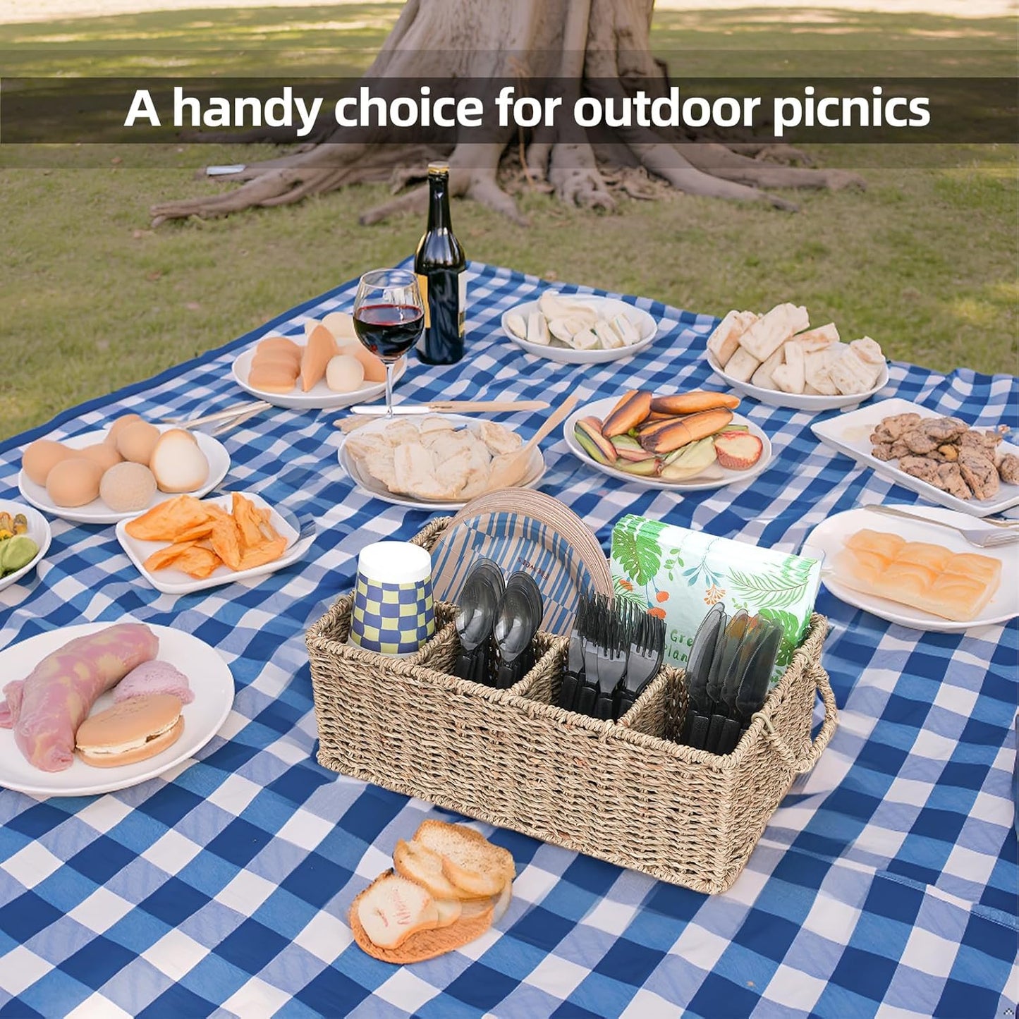 Wicker Party Silverware Caddy, Water Hyacinth Plastic Cutlery Utensil Holder, Hand Woven with Handles, Kitchen Countertop and Picnic flatware Organizer (5 compartments)