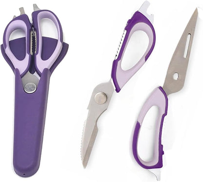 Kitchen Scissor, Professional Sturdy Stainless Steel Multipurpose Food Scissors with Cover, Heavy Duty Sharp Shear Cooking Scissors for Vegetables Meats Fish Scale, Bottle Opener (Purple)