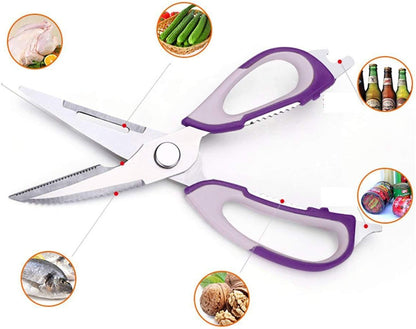 Kitchen Scissor, Professional Sturdy Stainless Steel Multipurpose Food Scissors with Cover, Heavy Duty Sharp Shear Cooking Scissors for Vegetables Meats Fish Scale, Bottle Opener (Purple)