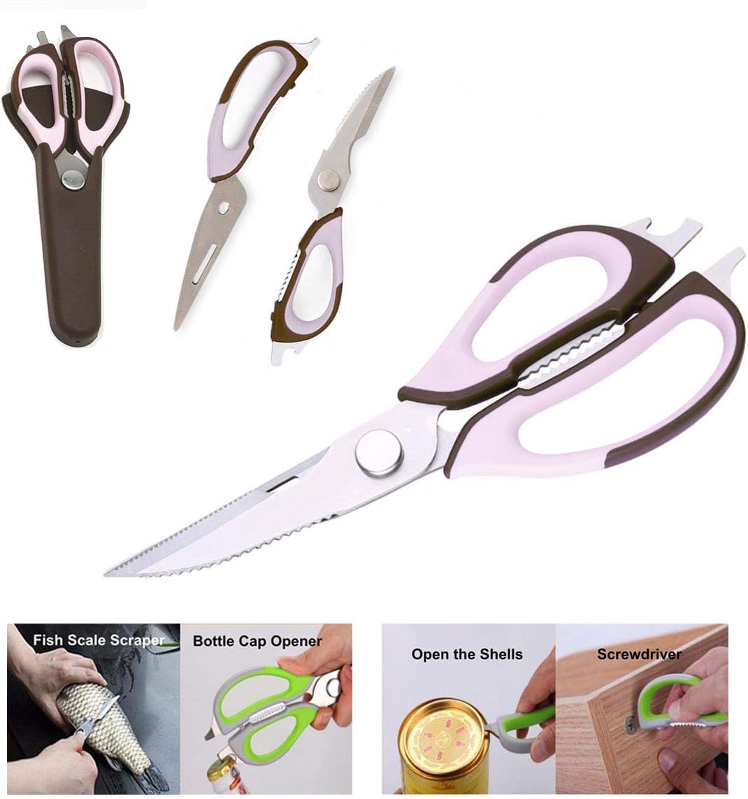 Kitchen Scissor, Professional Sturdy Stainless Steel Multipurpose Food Scissors with Cover, Heavy Duty Sharp Shear Cooking Scissors for Vegetables Meats Fish Scale, Bottle Opener (Purple)
