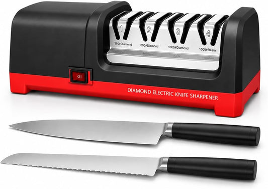 4-Stage Electric Knife Sharpener, Heavy Duty Knife Sharpener with 20° Precision Angle for Straight, Serrated & Ceramic Knives, 100% Diamond Abrasive, Resin Polishing