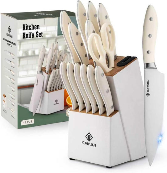 Knife Set, 15 pieces Knife Sets for Kitchen,High Carbon German Stainless Steel Knife Block Set with Built in Sharpener Block,Dishwasher Safe Kitchen Knives, White