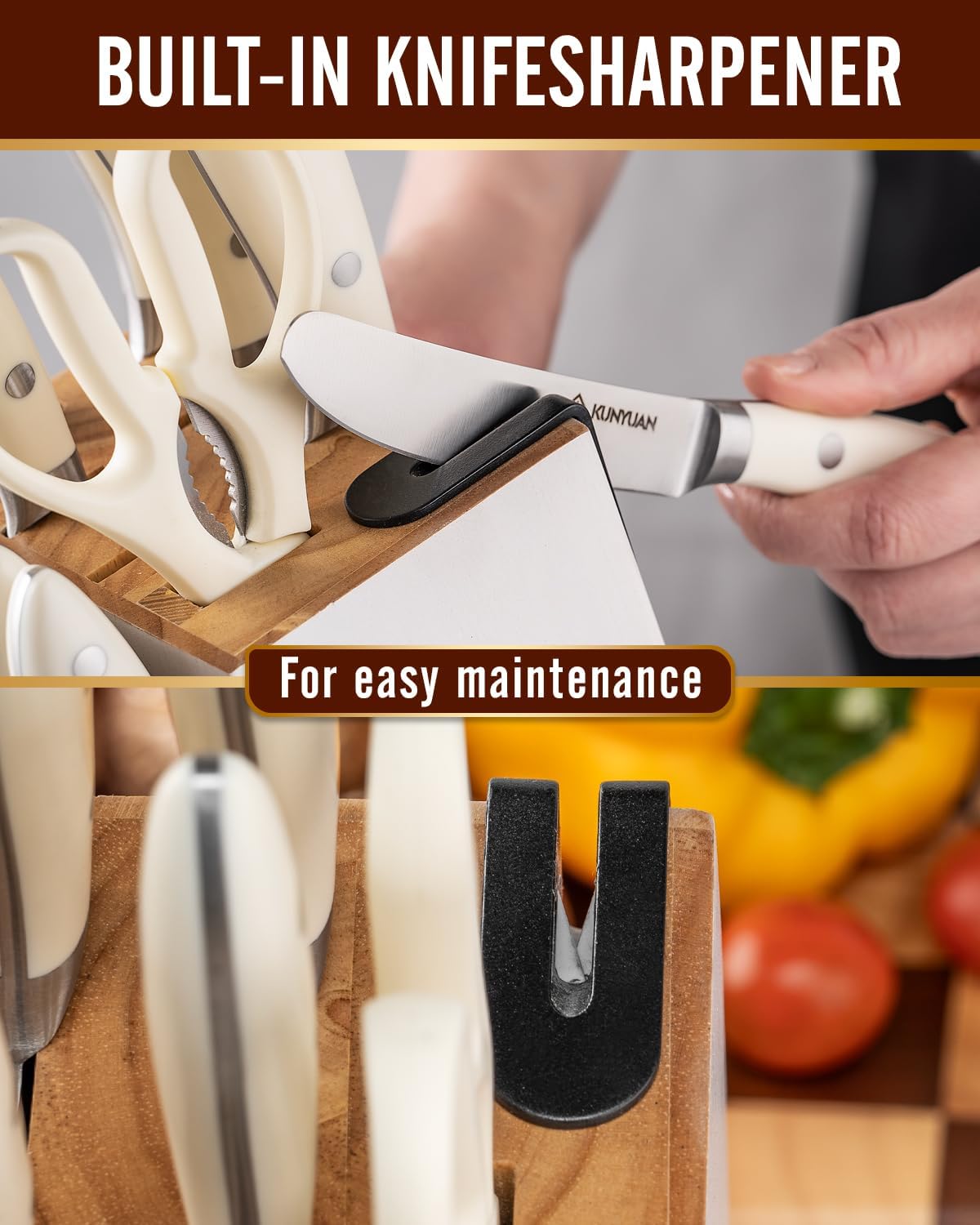 Knife Set, 15 pieces Knife Sets for Kitchen,High Carbon German Stainless Steel Knife Block Set with Built in Sharpener Block,Dishwasher Safe Kitchen Knives, White