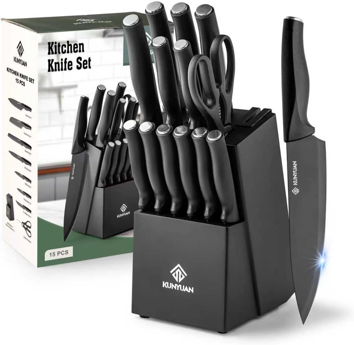 Knife Set, 15 pieces Knife Sets for Kitchen,High Carbon German Stainless Steel Knife Block Set with Built in Sharpener Block,Dishwasher Safe Kitchen Knives, White