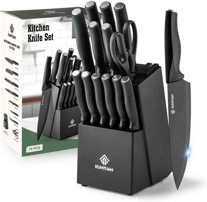 Knife Set, 15 pieces Knife Sets for Kitchen,High Carbon German Stainless Steel Knife Block Set with Built in Sharpener Block,Dishwasher Safe Kitchen Knives, White