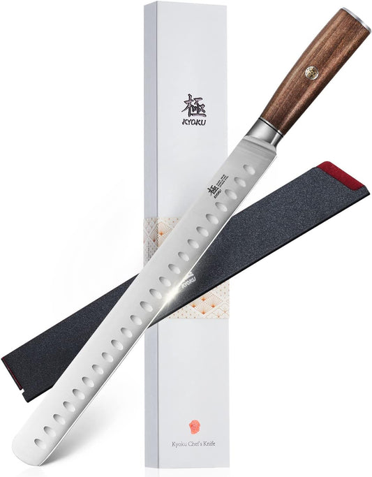 12in Slicing Knife, Daimyo Series 440C Steel Brisket Knife, Rosewood | Japanese 440C Stainless Blade Honed To 13-15 Degrees, Dimpled, Rosewood Handle With Mosaic Pin, Sheath And Case Included