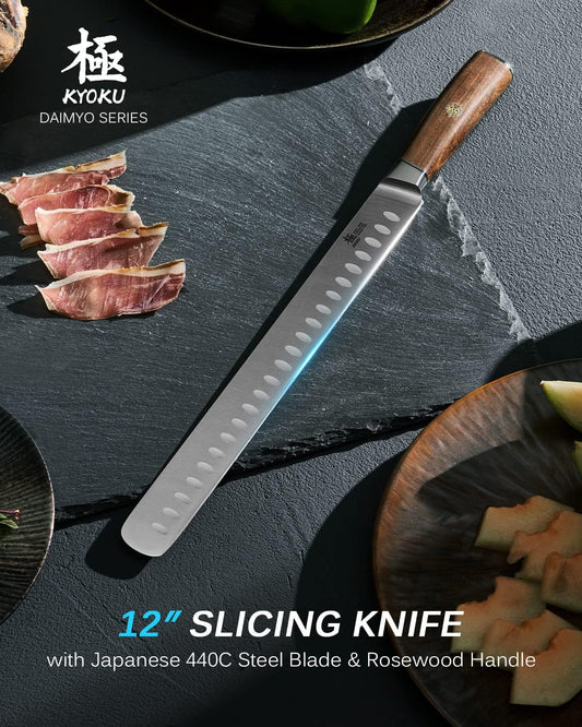 12in Slicing Knife, Daimyo Series 440C Steel Brisket Knife, Rosewood | Japanese 440C Stainless Blade Honed To 13-15 Degrees, Dimpled, Rosewood Handle With Mosaic Pin, Sheath And Case Included
