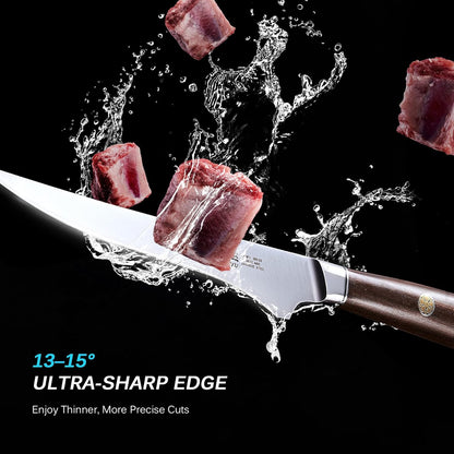 12in Slicing Knife, Daimyo Series 440C Steel Brisket Knife, Rosewood | Japanese 440C Stainless Blade Honed To 13-15 Degrees, Dimpled, Rosewood Handle With Mosaic Pin, Sheath And Case Included