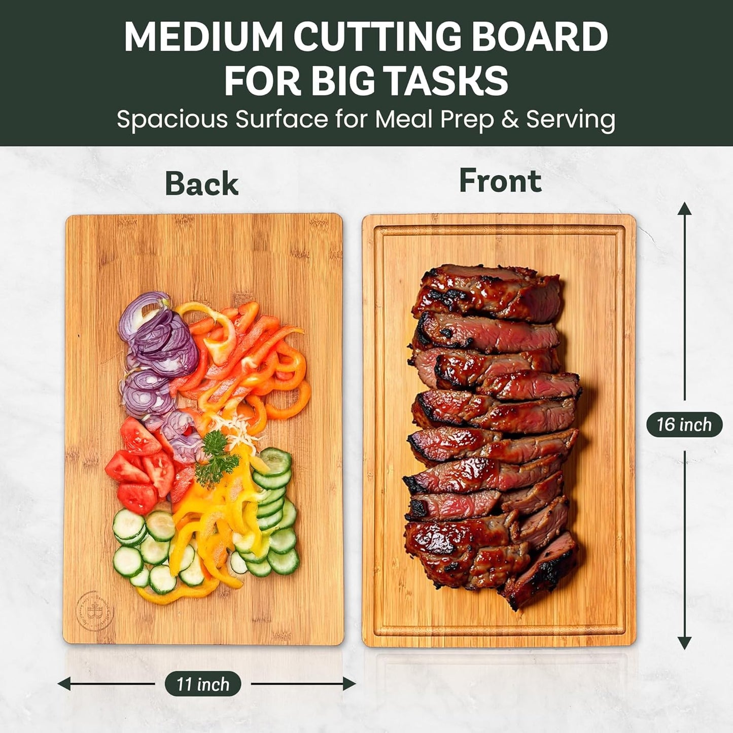 Meat Cutting Board - Extra Large Bamboo Carving Board, 18 x 13 Thick Butcher Block with Deep Juice Groove, Non Slip Center, Reversible Board for Steak, Brisket, Turkey, BBQ Prep Grilling Gifts for Men