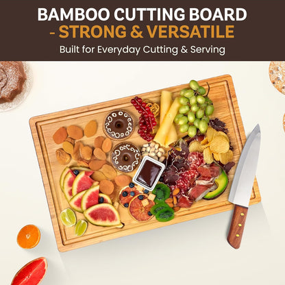 Meat Cutting Board - Extra Large Bamboo Carving Board, 18 x 13 Thick Butcher Block with Deep Juice Groove, Non Slip Center, Reversible Board for Steak, Brisket, Turkey, BBQ Prep Grilling Gifts for Men