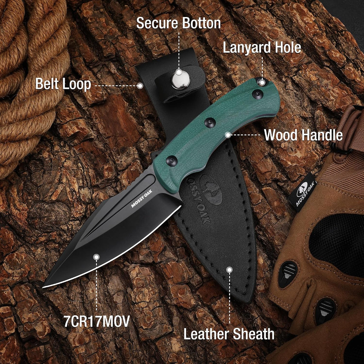 8.5" Full-tang Fixed Blade Knife w/Sheath (Wooden Handle-Brown)