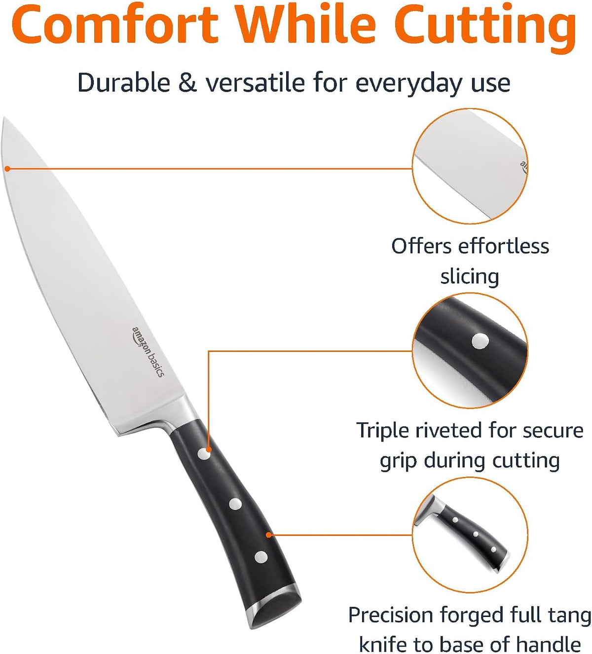 Classic 8-inch Full Tang High Carbon Stainless Steel Chef's Knife, Multipurpose Kitchen Knife with Three Rivets, Silver