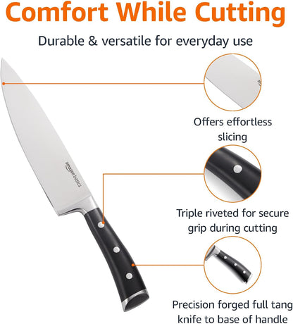 Classic 8-inch Full Tang High Carbon Stainless Steel Chef's Knife, Multipurpose Kitchen Knife with Three Rivets, Silver
